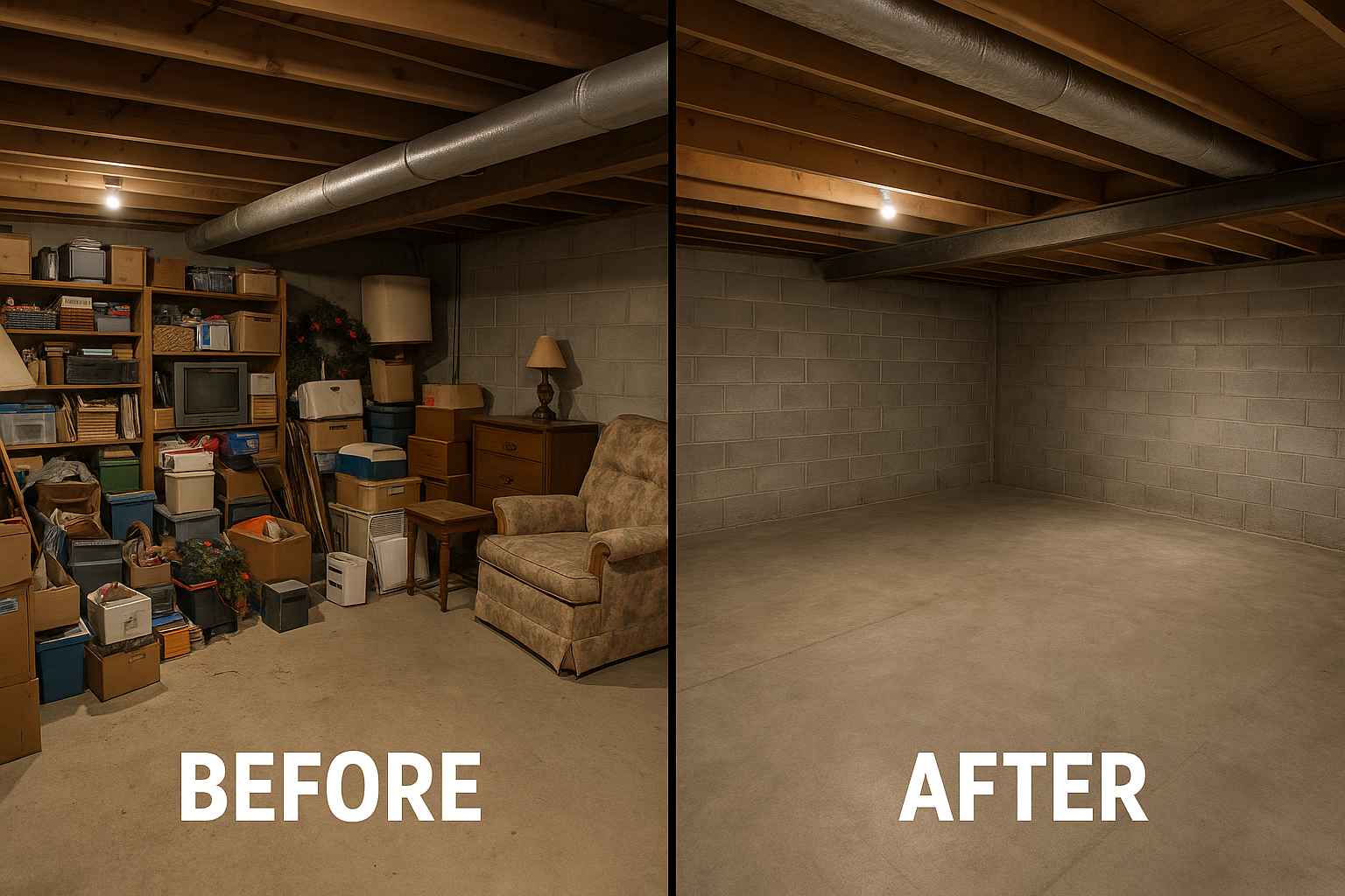 Side-by-side basement before and after junk removal in Sterling Hill, Antioch CA, showing a cluttered space transformed into an empty, clean area with concrete floor and block walls.