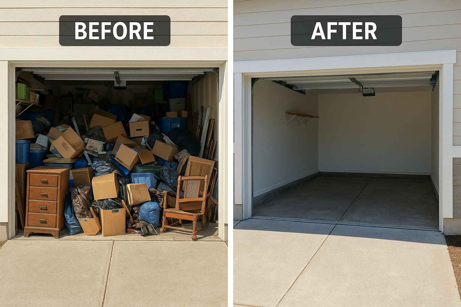 Side-by-side living room before and after furniture removal in Sterling Hill, Antioch CA, showing large sectional, dining set, and armoires removed to reveal an empty, clean space.