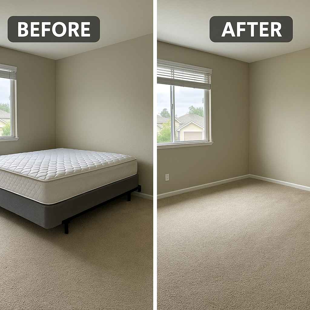 Side-by-side bedroom before and after mattress removal in Sterling Hill, Antioch CA, showing a king-size mattress removed to reveal a clean, empty carpeted room.