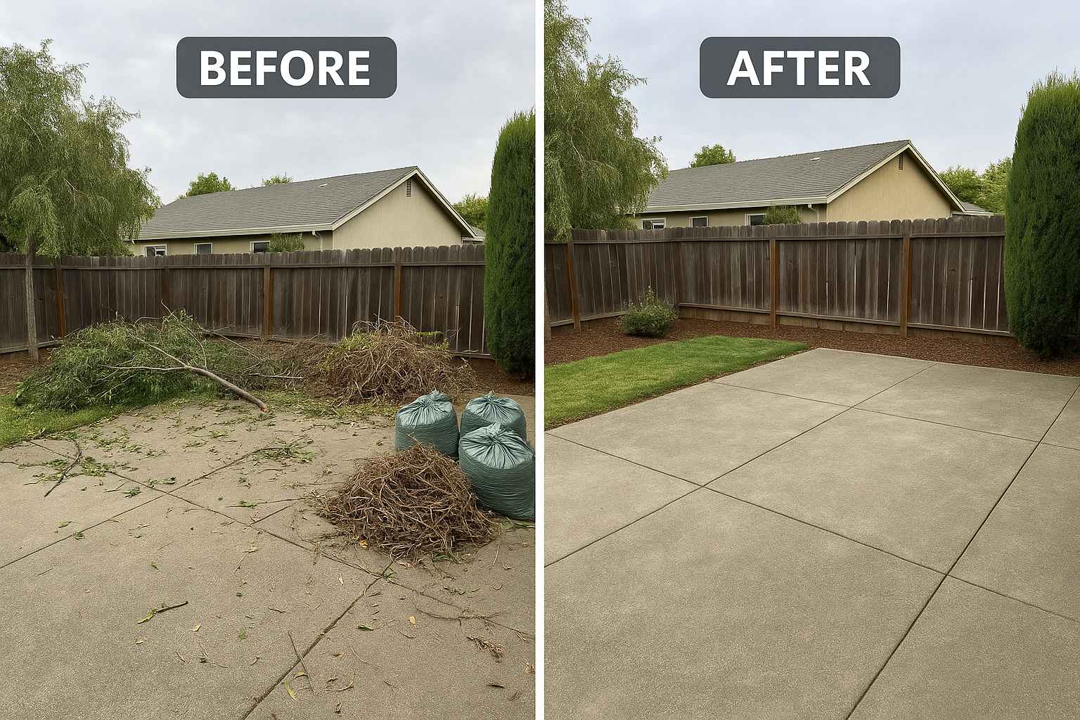 Side-by-side backyard before and after yard waste removal in Sterling Hill, Antioch CA, showing storm debris cleared to reveal a clean patio and lawn.