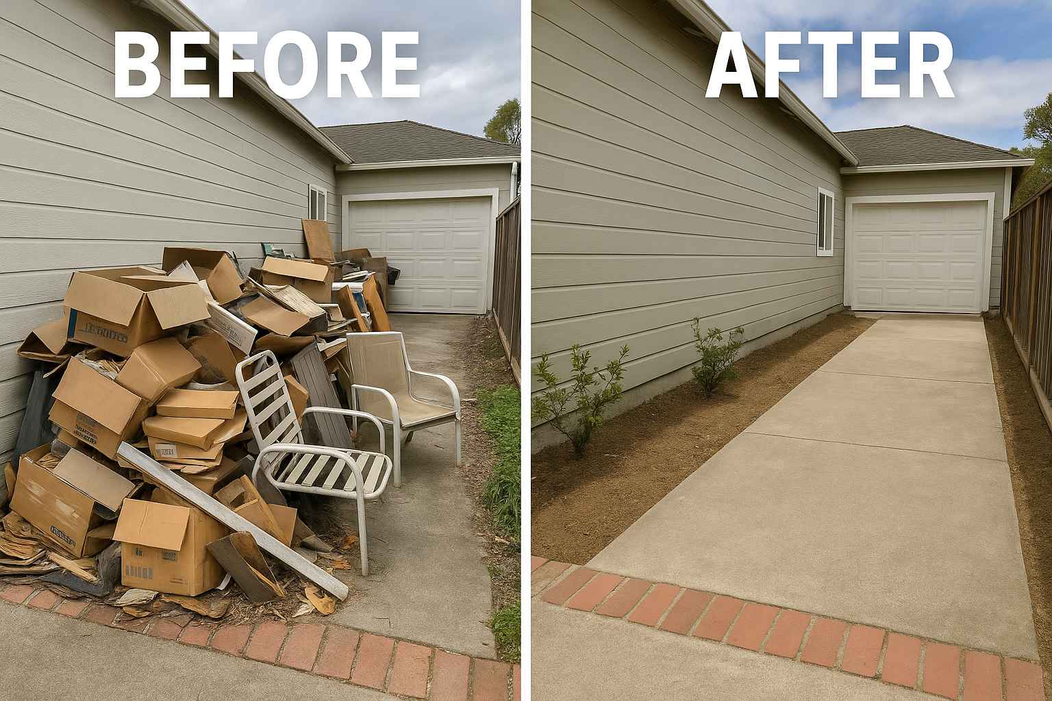 Side yard in Gentrytown, Antioch CA before and after junk hauling with clutter cleared by Roca Junk Removal